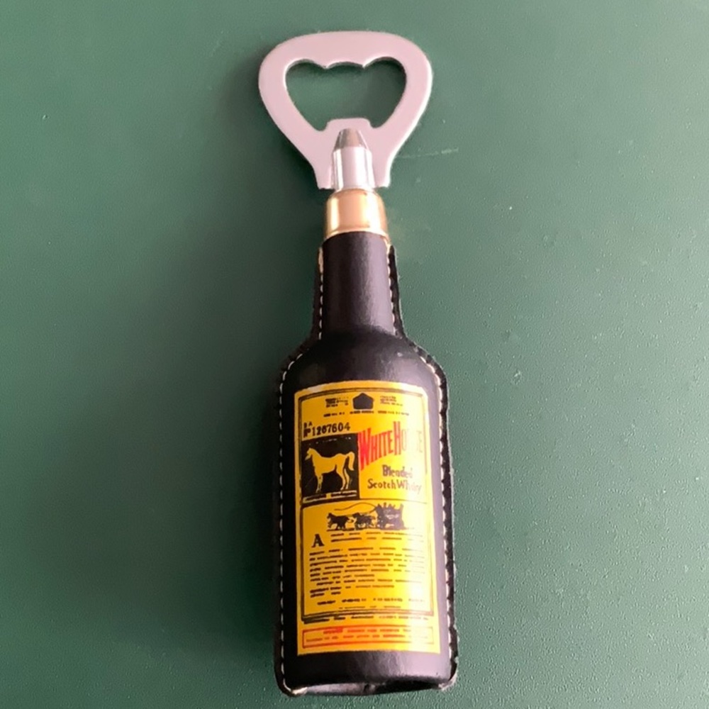 WHITE HORSE SCOTCH WHISKY ADVERTISING METAL BOTTLE OPENER WITH LEATHER COVER - Picture 1 of 2